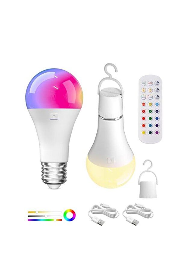 LED Rechargeable Light Bulbs With Remote & Touch Dimmable, E27 Battery Operated Light Bulb for Lamps, RGB 12 Colors, 2000mA USB battery backup Light Bulb With Timer, A60 Small Light Bulbs 2 Pack