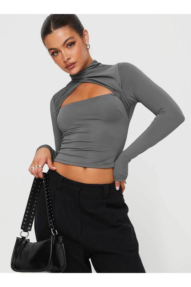 Women's Long Sleeve Cut Out Blouse – Cross Neckline, Crop Fit, Stretch Fabric