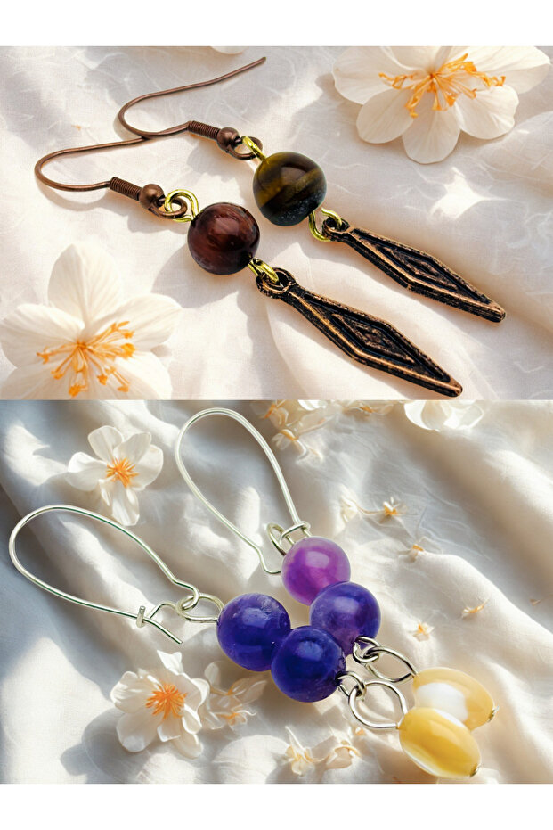 Tiger Eye & Amethyst Natural Stone 2-Piece Earring Set with Dangle - Ornate - 5 cm - Baklava Apparatus