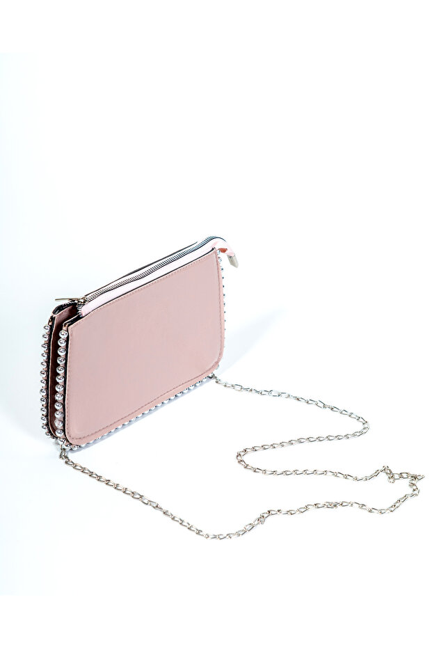 Women's Shoulder and Portfolio Bag with Bead Detail Zipper Closure and Chain