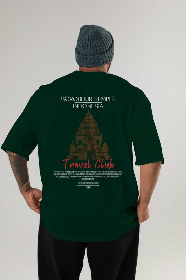 Borobdur Temple Indonesia Back Printed Green Oversize T-Shirt Men Women Cotton Crew Neck T-Shirt