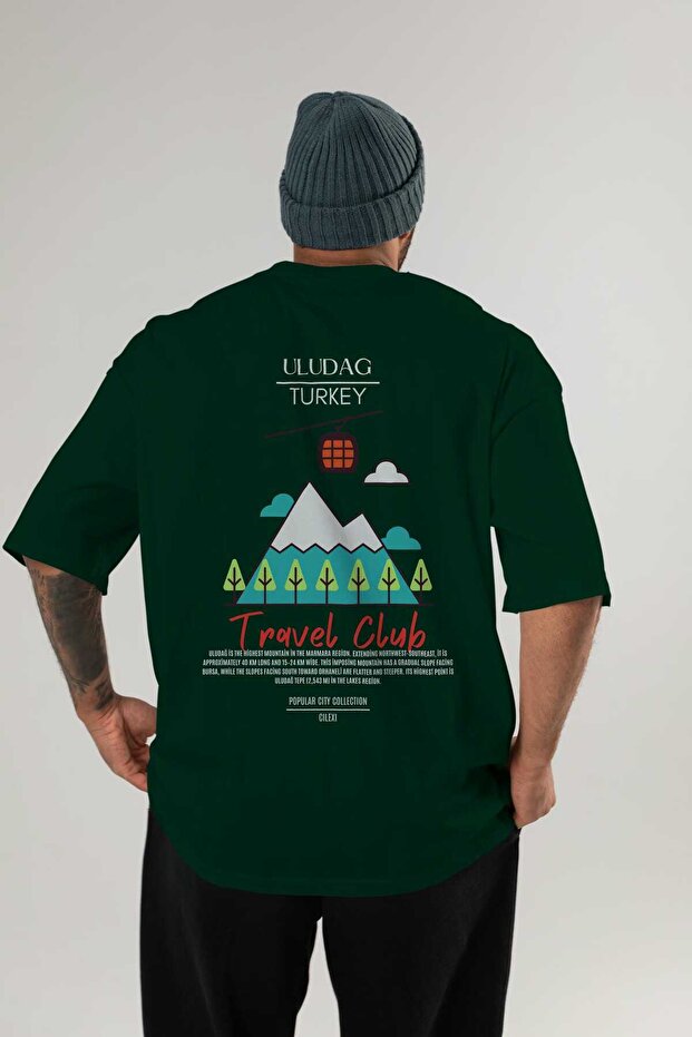 Uludağ Turkey Back Printed Green Oversize T-Shirt Men Women Cotton Crew Neck T-Shirt