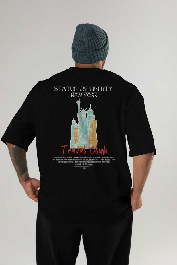 Statue of Liberty New York Back Printed Oversize T-Shirt Men Women Cotton Crewneck Tshirt