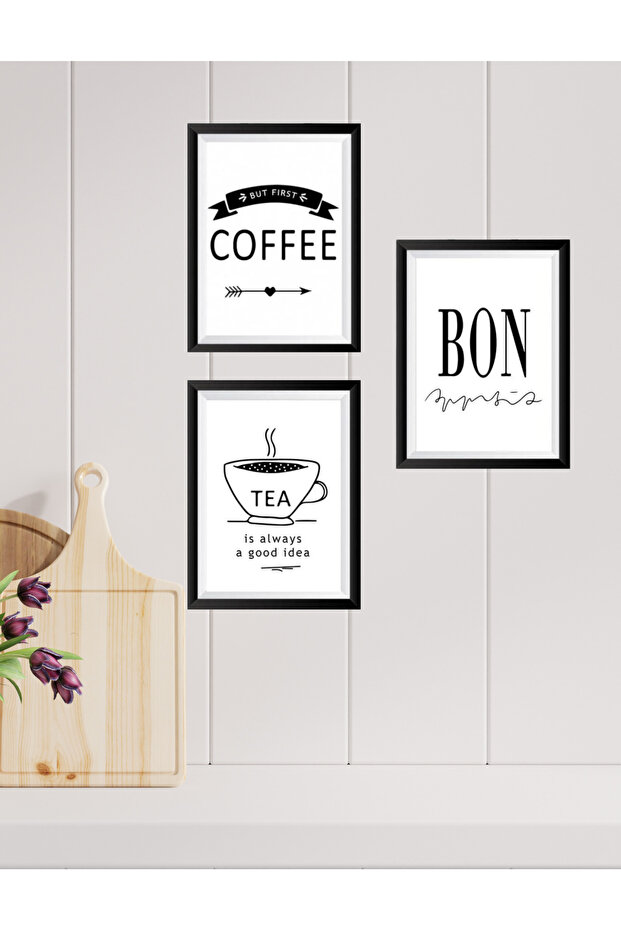 مجموعة لوحات ديكور جدارية على شكل إطار أسود من Coffe Bon Tea لمفهوم المطبخ وركن القهوة