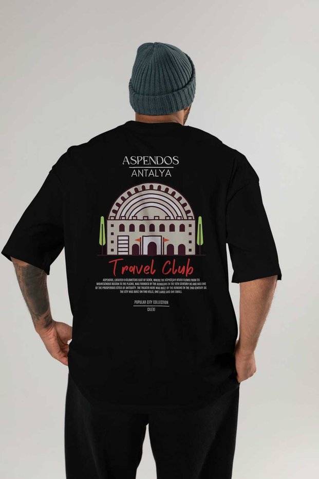 Aspendos Antalya Back Printed Black Oversize T-Shirt Men's Women's Cotton Crew Neck T-Shirt