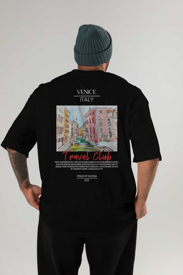 Venice Italy Back Printed Black Oversize T-Shirt Men Women Cotton Crew Neck T-Shirt