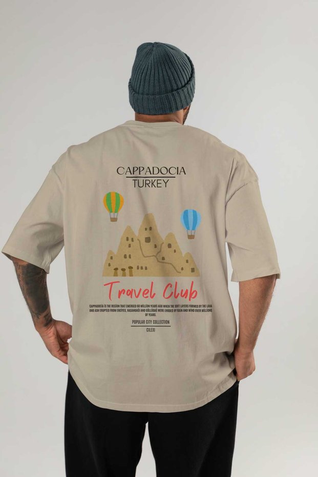 Cappadocia Turkey Arka Printed Beige Oversize T-Shirt Men's Women's Cotton Crew Neck T-Shirt