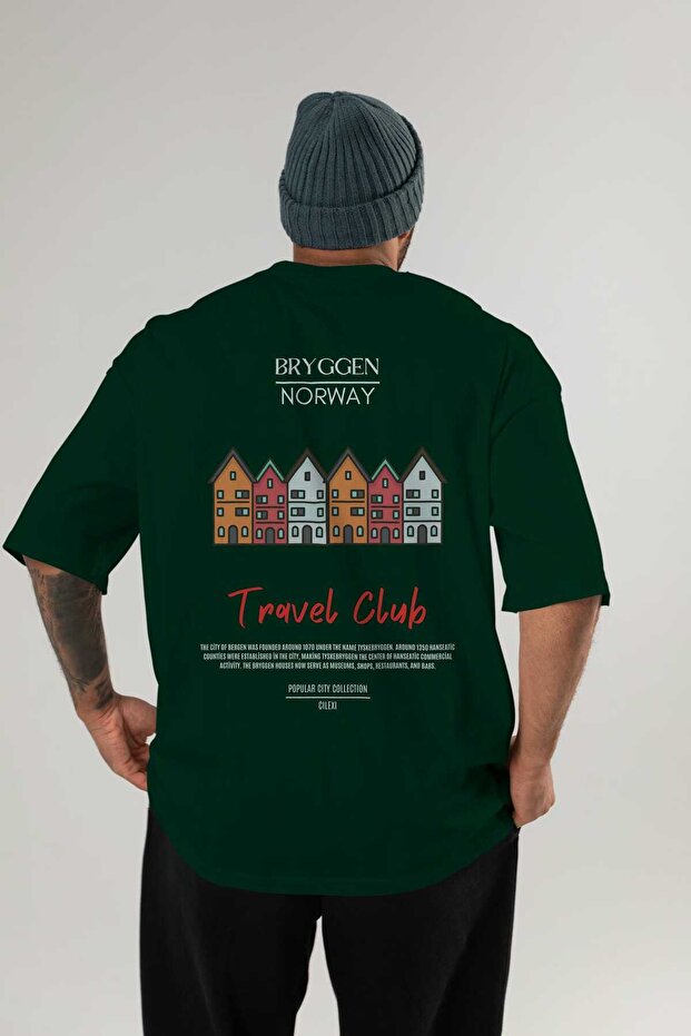 Bryggen Norway Back Printed Green Oversize T-Shirt Men Women Cotton Crew Neck T-Shirt