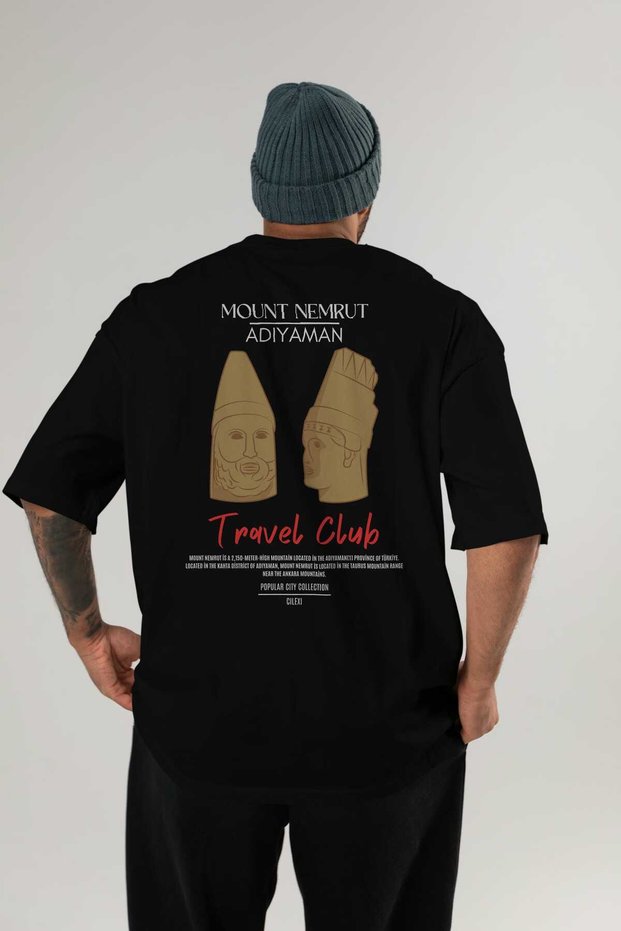 Mount Nemrut Adiyaman Back Printed Black Oversize T-Shirt Men's Women's Cotton Crew Neck T-Shirt