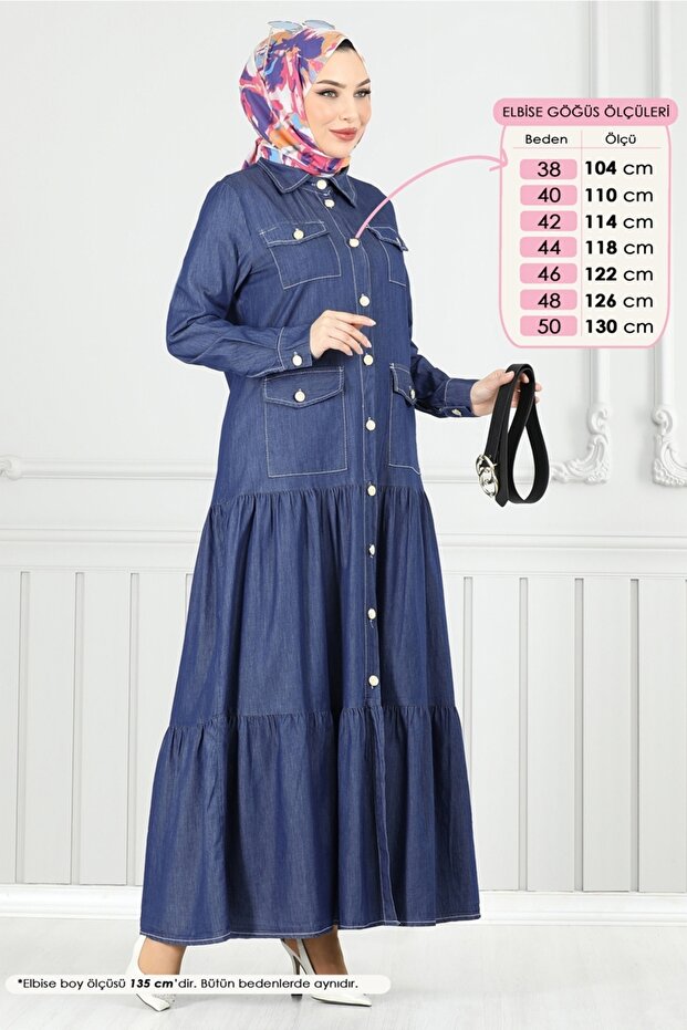 Önden Düğmeli Kot Elbise 0332MSA980-MS Koyu Kot - 4