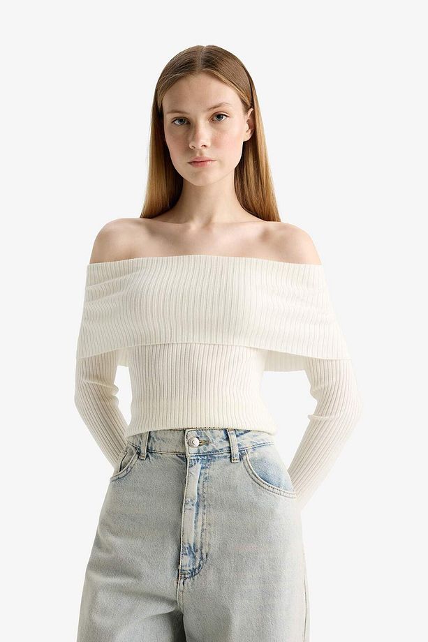 Coool Slim Fit Dar Kesim Açık Omuz Triko Kazak B6537AX25WN - 3