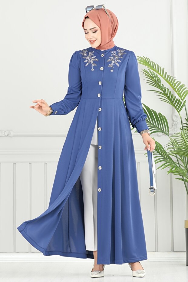 Eteği Pileli Dabıl Elbise 431DVL817-MS İndigo - 2