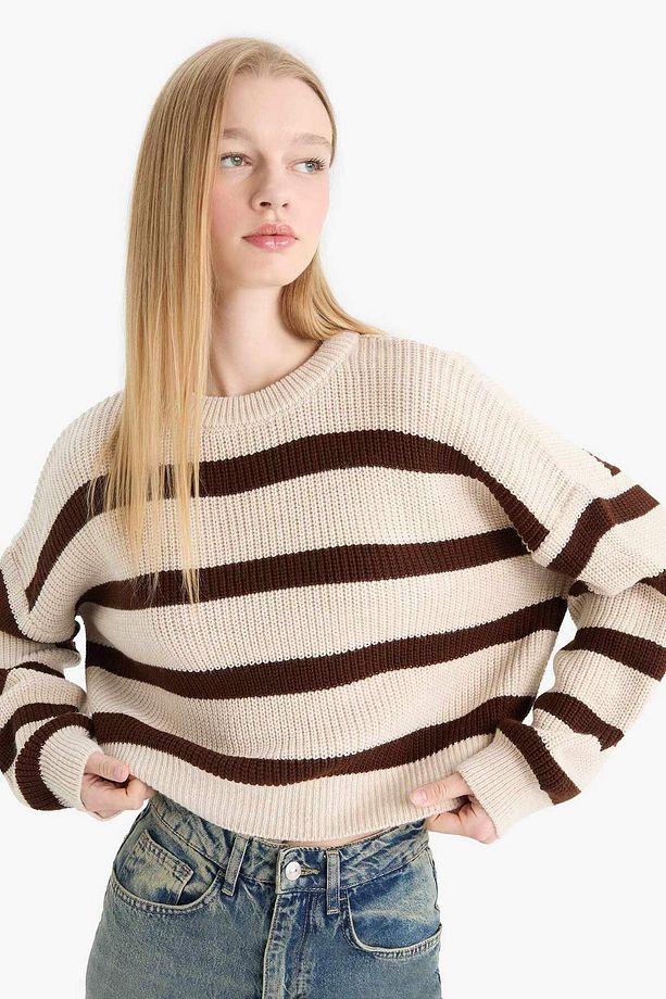Coool Oversize Geniş Kalıp Bisiklet Yaka Çizgili Triko Kazak X4931AZ25WN - 4