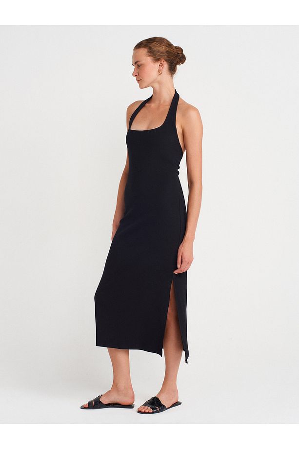91510 Halter Yaka Midi Elbise-Siyah - 1