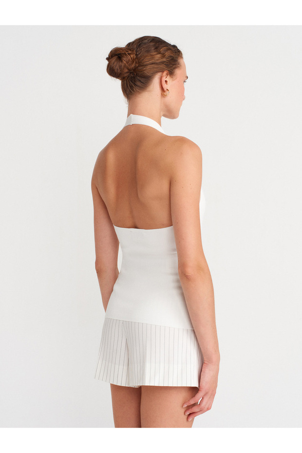 10794 Halter V Yaka Basıc Bluz-Beyaz - 2