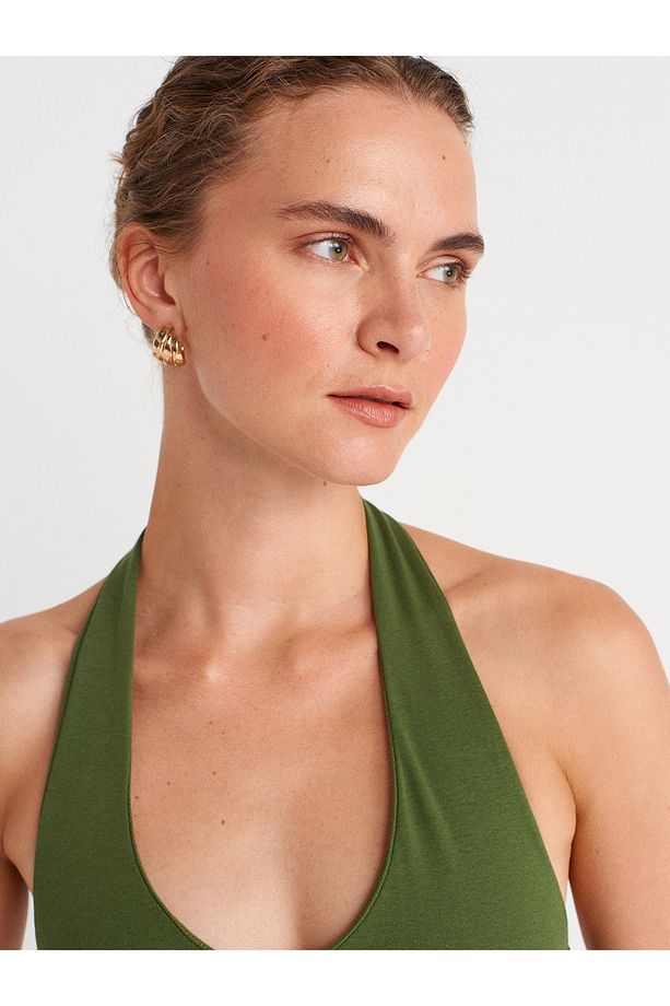 91476 Halter Yaka Midi Elbise-Koyu Haki - 3