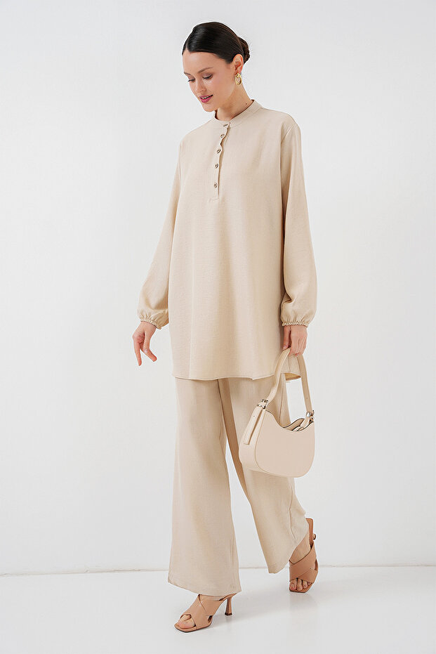 Women's Linen Tunic Trousers Double Set Cream 1080