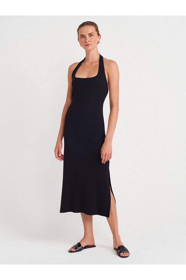 91510 Halter Yaka Midi Elbise-Siyah - 4