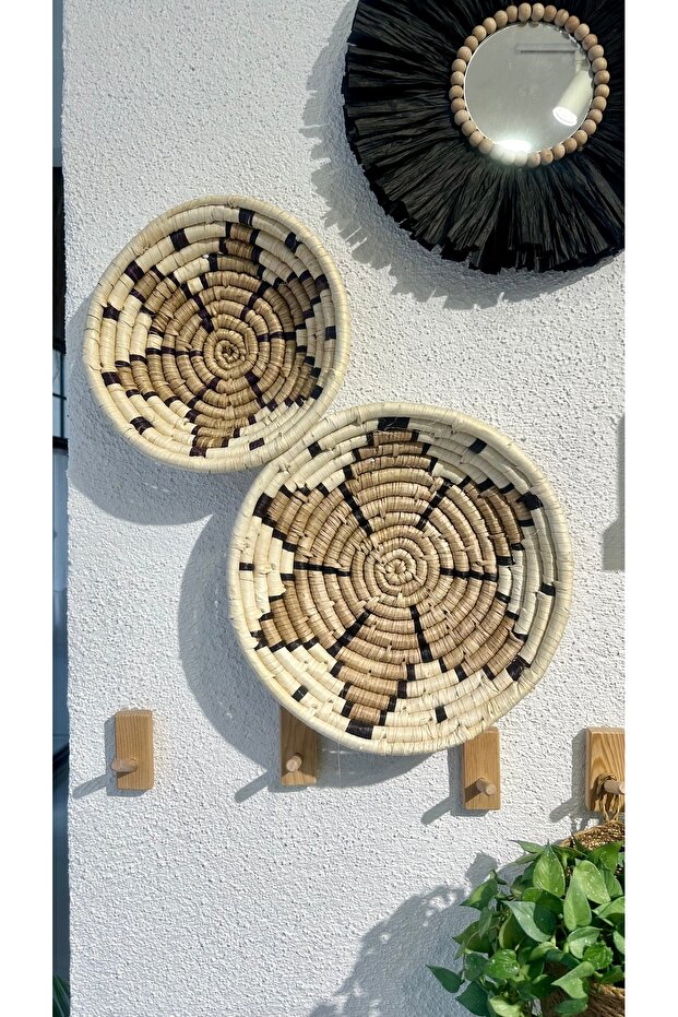2 li Bej Hasır Rattan Bohem Duvar Dekoru - 2