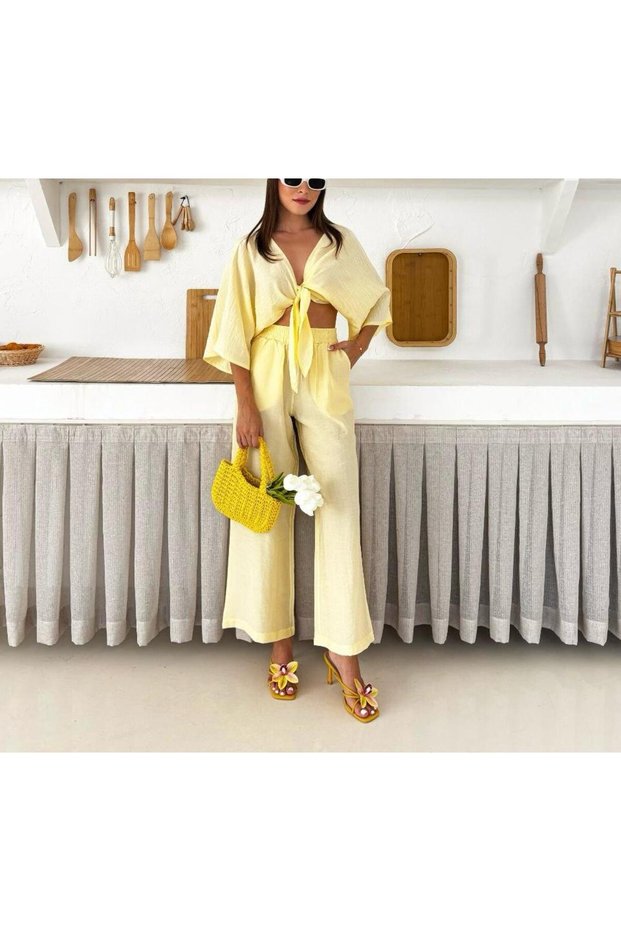 Tie-Up Crop Shirt and Wide Leg Pants Set