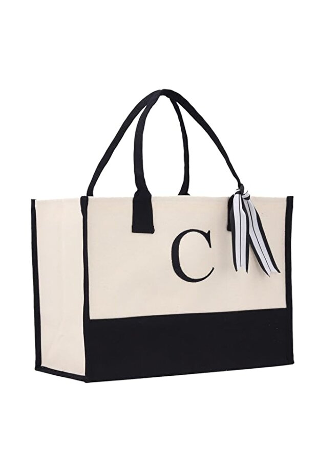 Personalized Gift Monogram Initial 100% Cotton Chic Tote Bag with Customize Option - Black