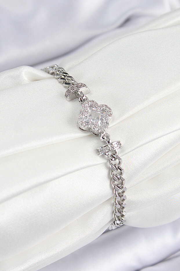 Brass Zircon Stone Clover Model Silver Color Women's Bracelet