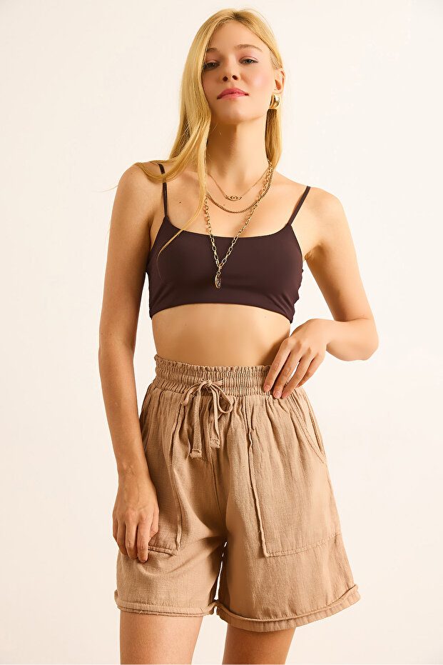 Women's Camel Elastic Waist Pocket Linen Shorts Shrt-19000078