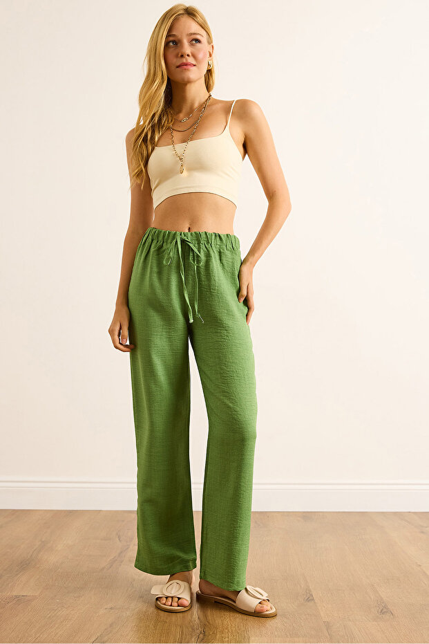 Women's Green Elastic Waist Palazzo Drape Pants Pnt-19000360