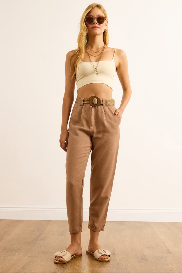 Women's Camel Double Leg Belted Linen Carrot Trousers Pnt-19000359