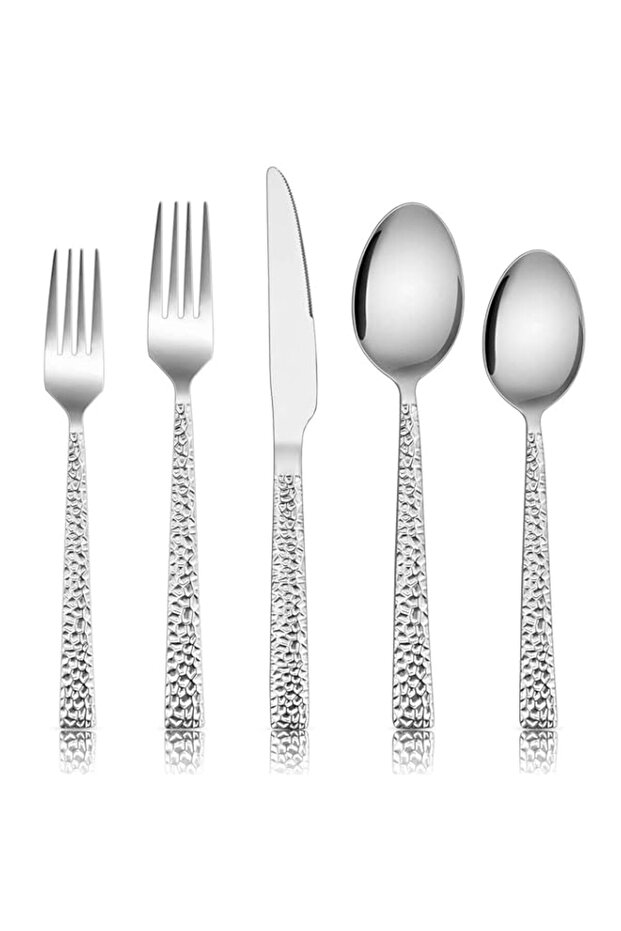 E-far 20-Piece Hammered Silverware Set, Stainless Steel Square Flatware Set Service for 4, Tableware Cutlery Set Includes Forks Spoons Knives, Modern Design & Mirror Finish - Dishwasher Safe