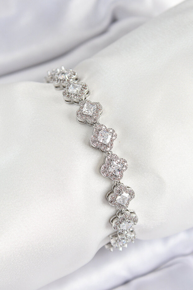 Brass Zircon Stone Clover Baguette Model Silver Color Vip Series Women's Bracelet