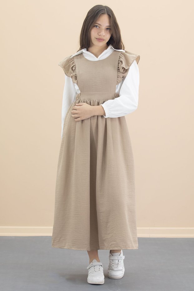Beige Ruffle Detail Long Sleeve Shirt Girl's Long Cut Dress 20555