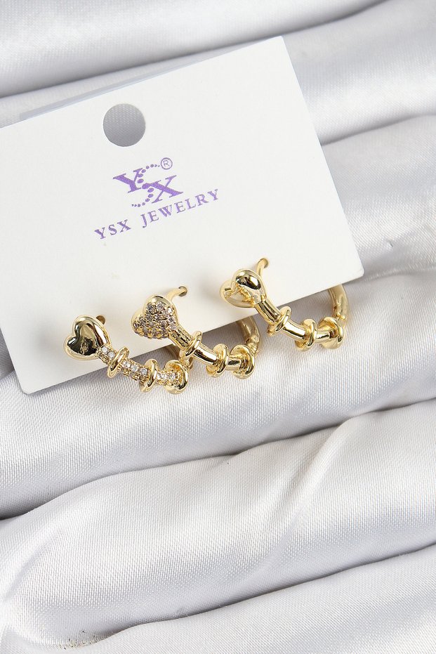 Brass Zircon Stone Heart Model Gold Color 3-Piece Women's Earrings
