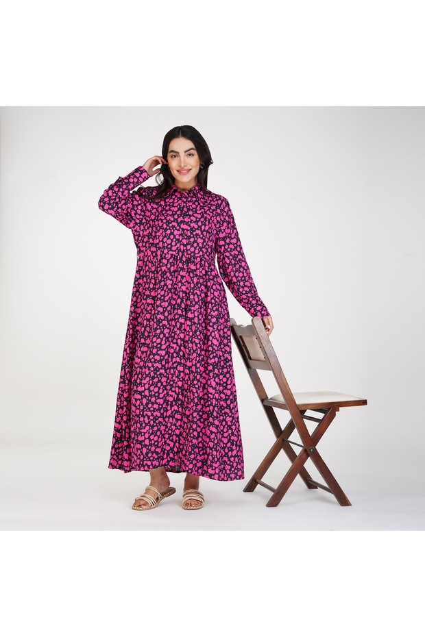 Black and Dark Pink Abstract Printed Maxi Shirt Dress