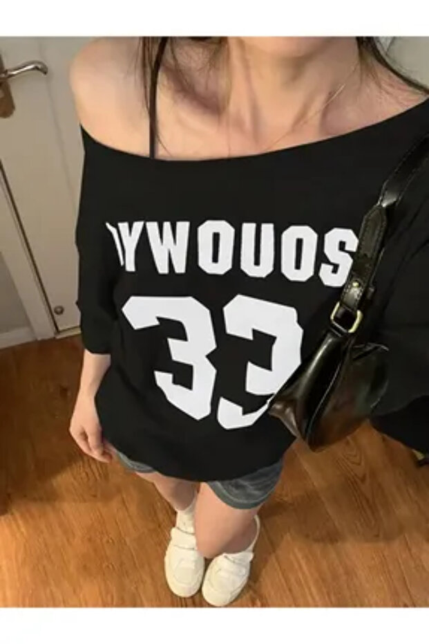 Black Women's Off Shoulder Boat Neck Oywouos 33 Printed