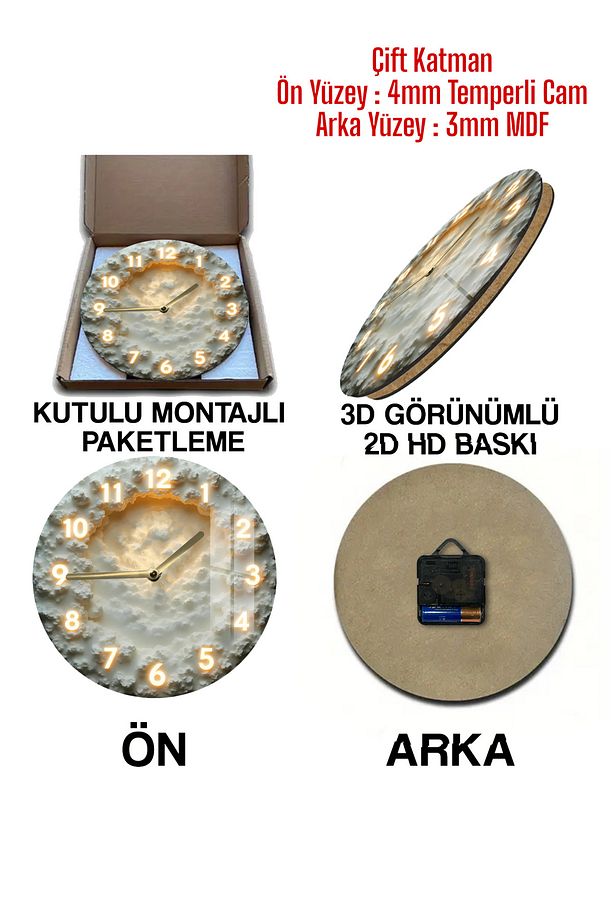 BULUT DESENLİ TEMPERLİ CAM SAAT – 33x33 cm CSDW321 - 4
