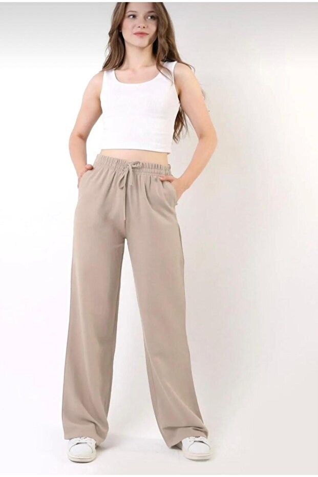 ''All Seoson's'' Wi̇de Leg (Palazzo) Linen%Cotton Mixed Ephil Ephil Waist Elastic'Women' Pants