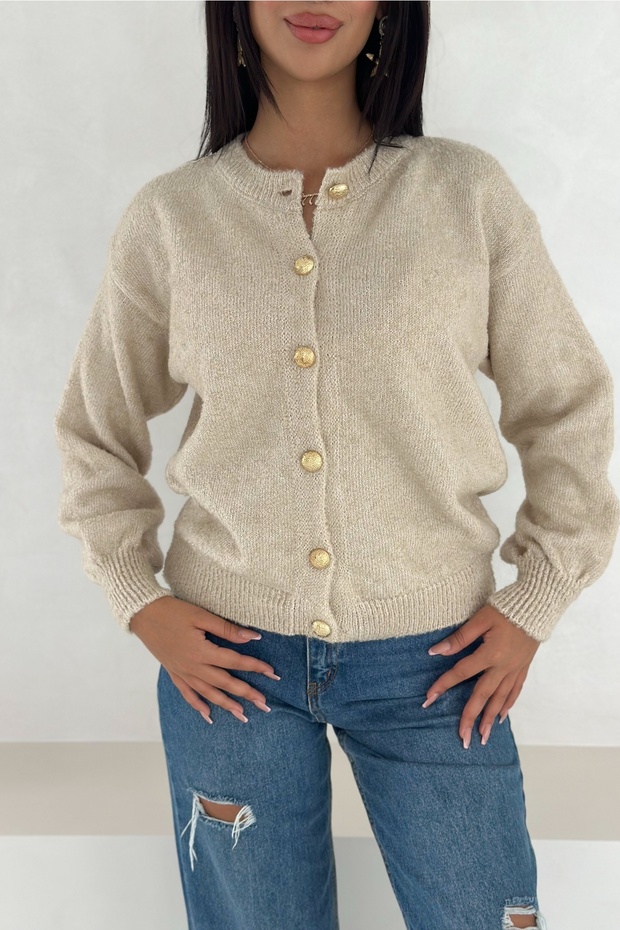 Beige Gold Button Detailed Knitwear Cardigan Standard Size Soft Texture