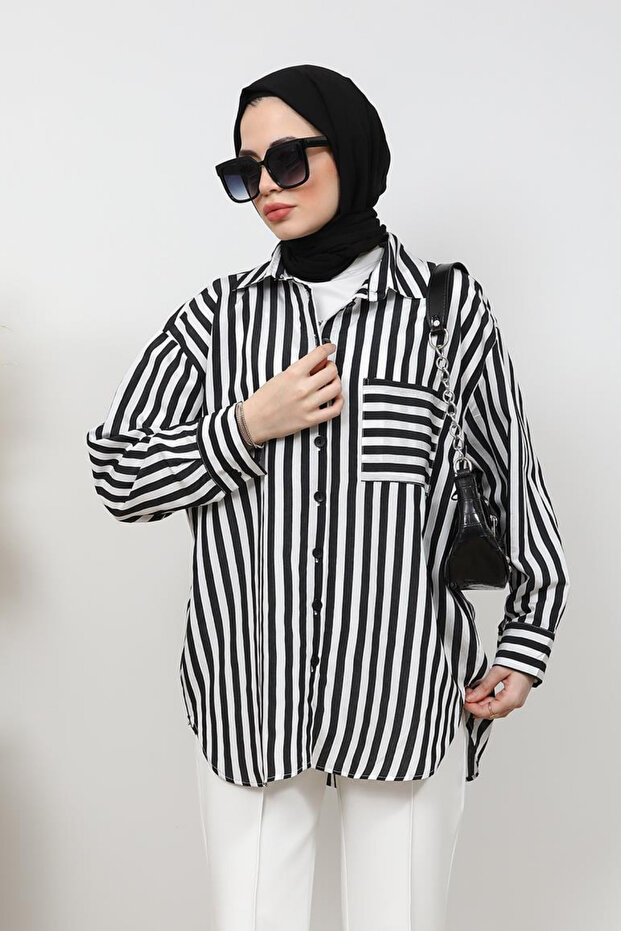 Çizgili Oversize Gömlek - 1