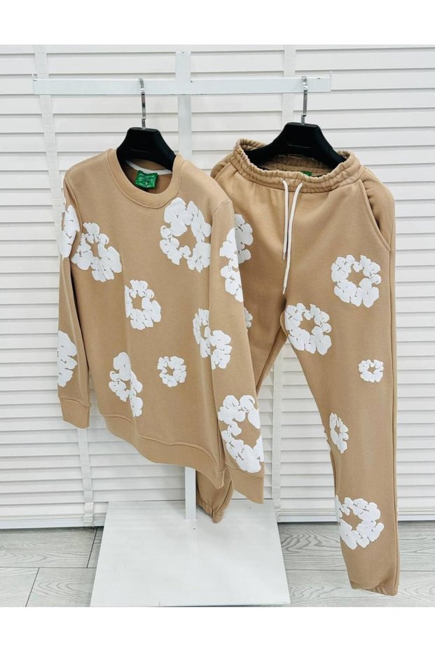 Beige Color Floral Patterned Oversize 3 Thread Men's Tracksuit Set - 100% Cotton