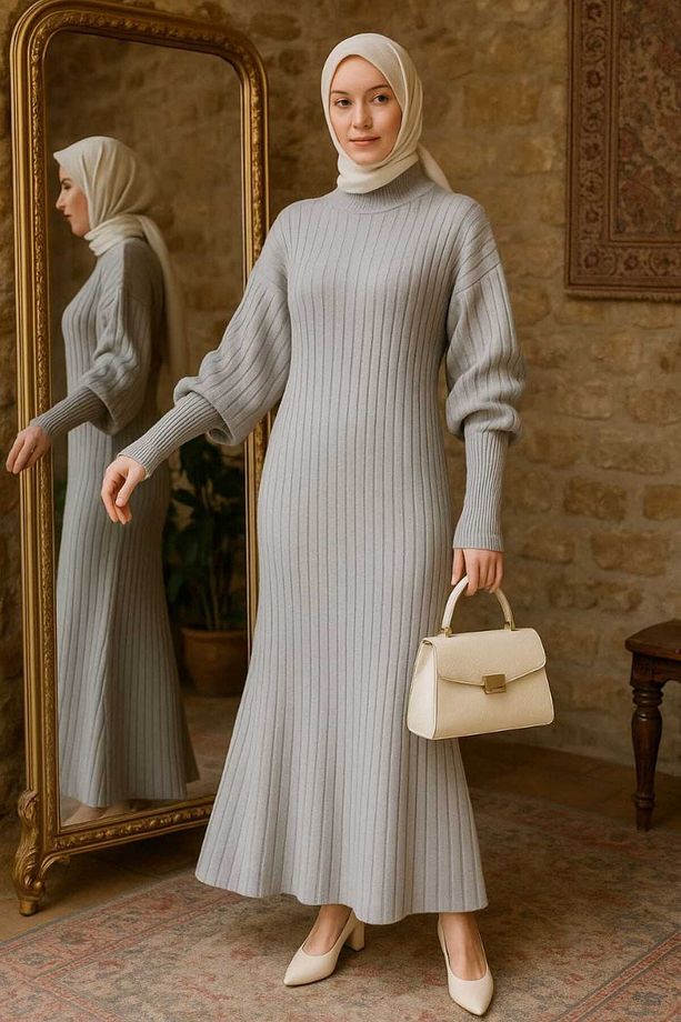 triko bogazlı elbise balık etek modelli kol ribanası bilege kadar uzun elbise boy 140cm 38/42 beden - 1