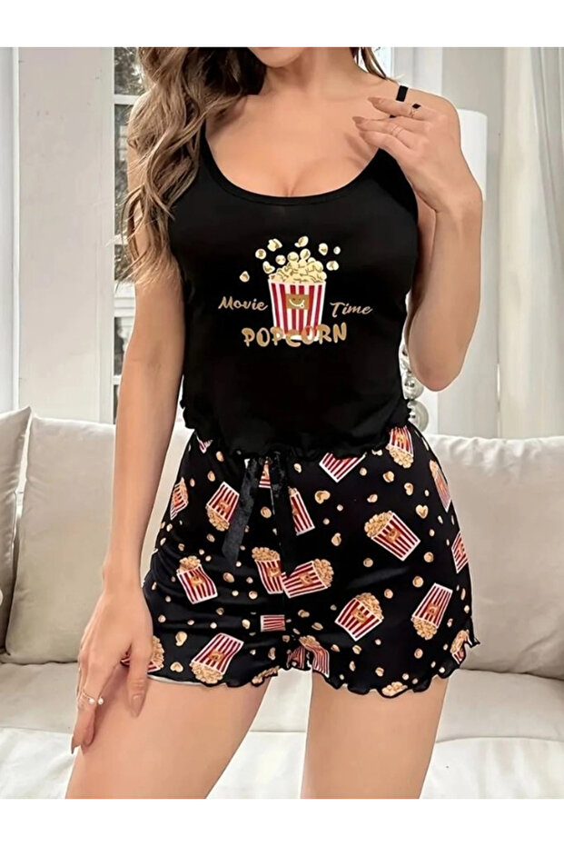 Pop Corn Baskılı Askılı Şortlu Pijama Takımı - 1