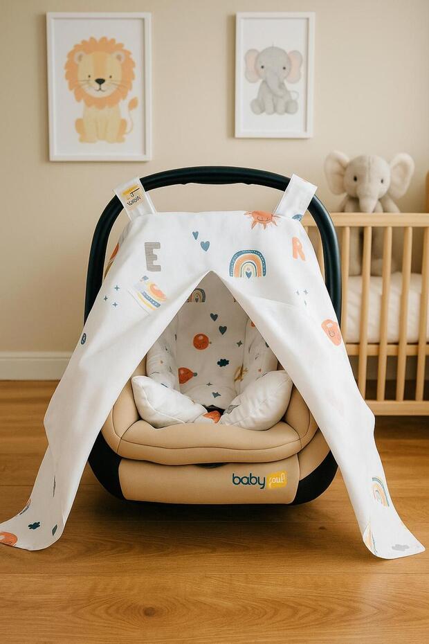 Double Sided Poplin Set of 2 Stroller Cover and Cushion – Text Printed & Plain Use - 1