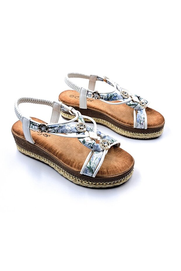 25Y171 Women's White Stone Design Platform Thick Padding Sole Orthopedic Summer Daily Sports Sandals
