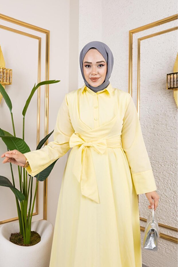 Women's Hijab Terikoton Lemon Stylish and Comfortable Cut Fixed Belted Long Dress Outfit