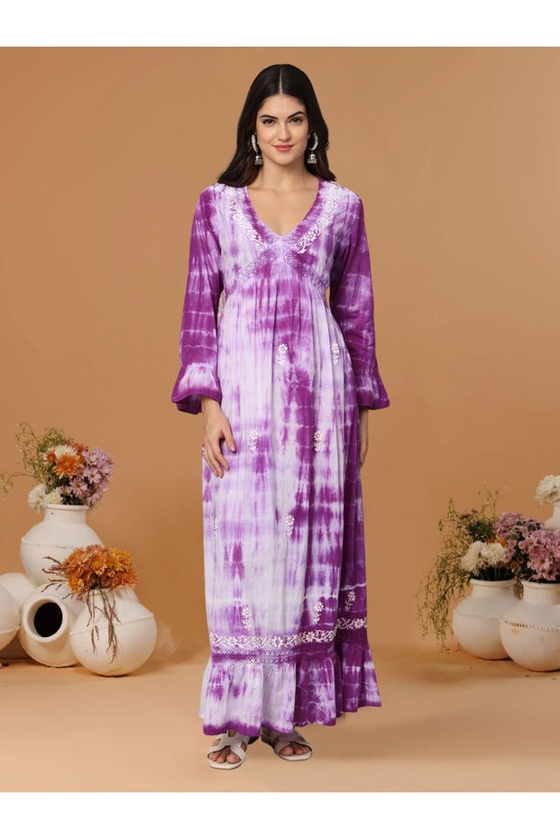 Women Chikankari Hand Embroidered Cotton Jalabiya in Tie-Dye shades-AL2160