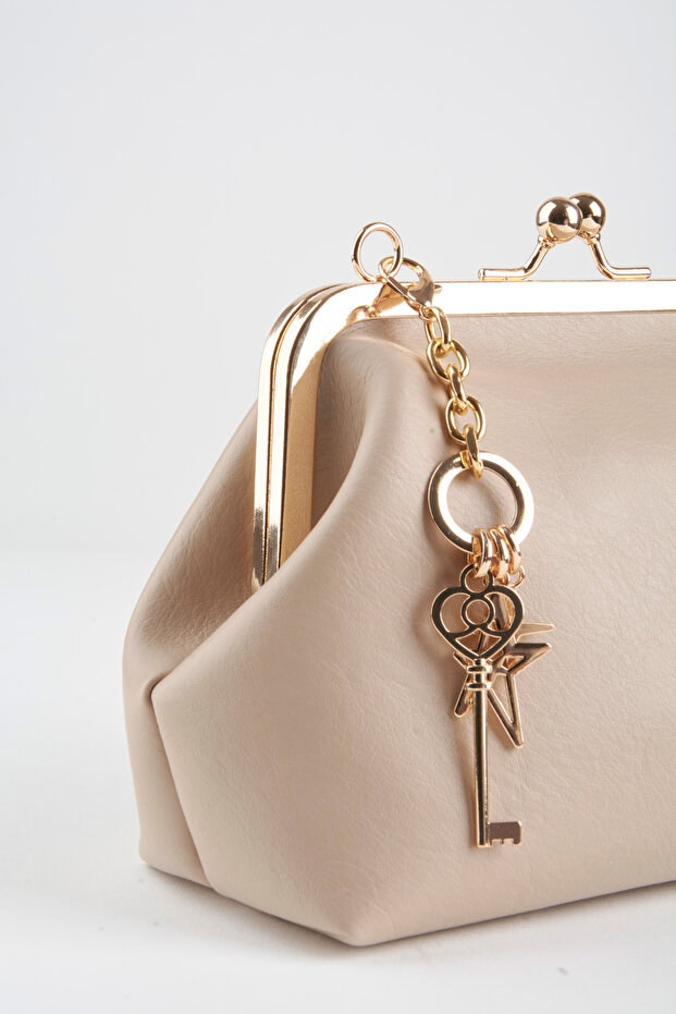 Women's Taupe Key Charm Gift Bag with Closure, Lined Handbag, Shoulder Bag