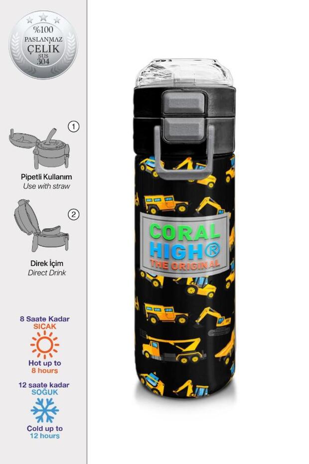 Kids Black and Yellow Construction Machine Patterned Steel Thermos with Straw and Direct Drinking Feature 500 ml 31920