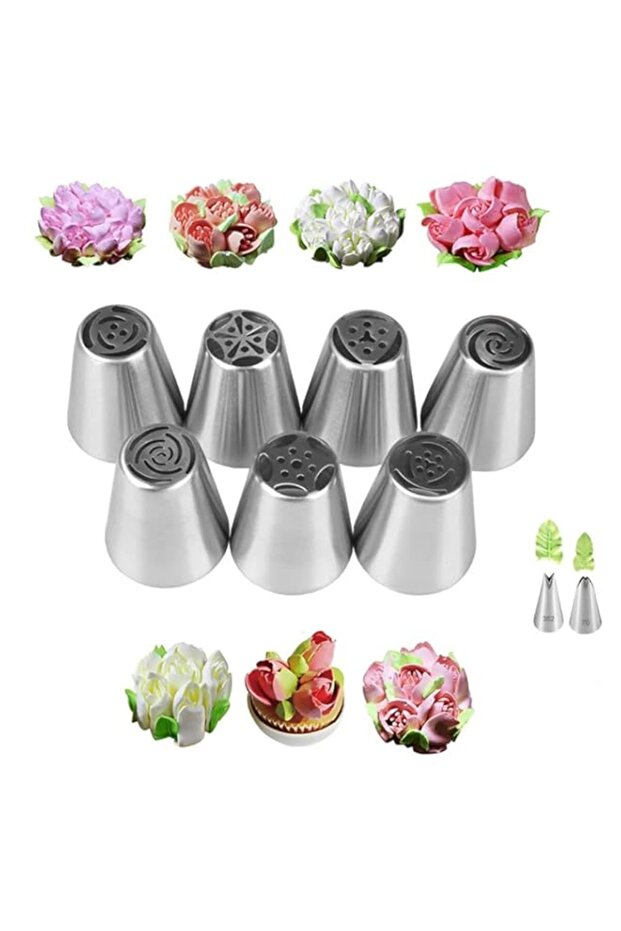 Russian Piping Tips Set with 7 Flower Icing Tips & 2 Leaf Pastry Tips Nozzles for Frosting Cookie Cupcake Cake Decorating