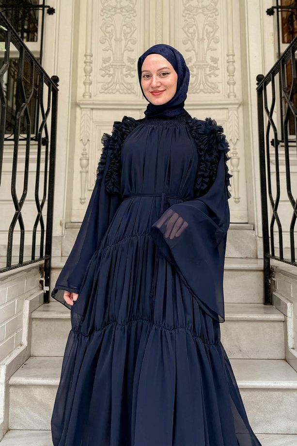 Bianca Omuz Fırfırlı Şifon Elbise Lacivert - 4